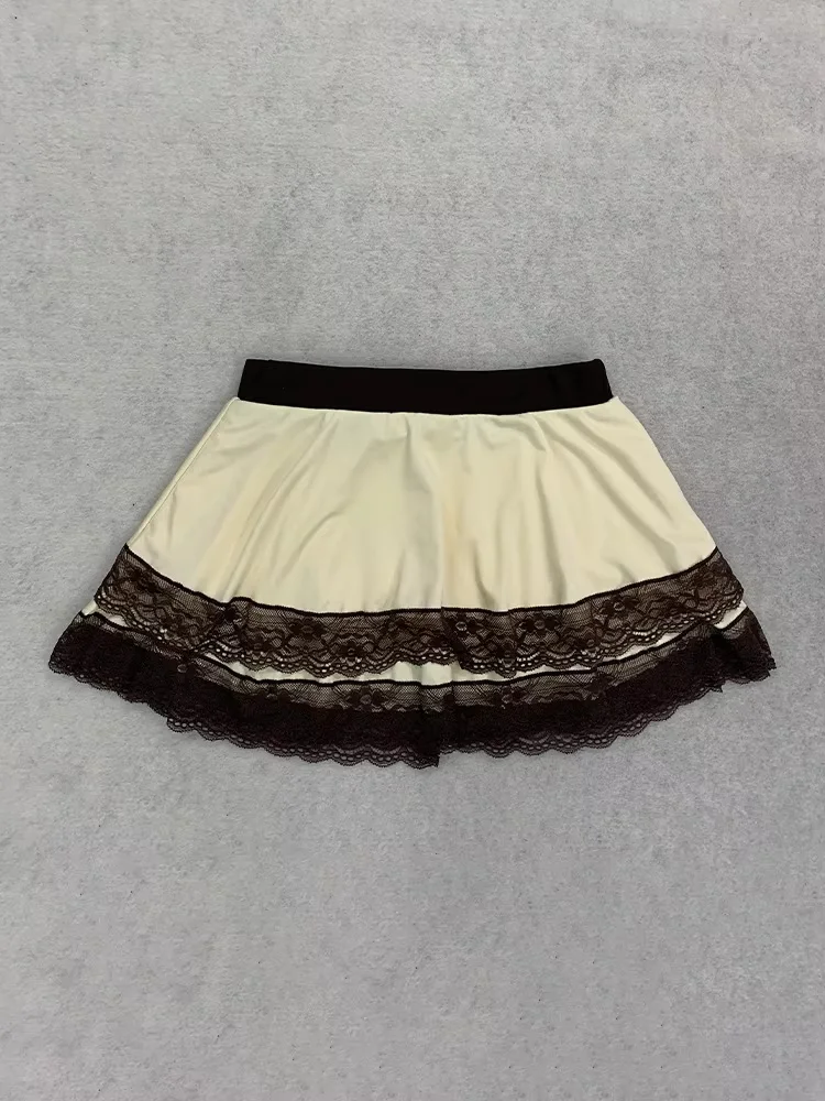 Contrast Color Lace Trim Skirted Bikini Set Women Halter Wrap Top Vintage Y2K 2 Piece Swimwear