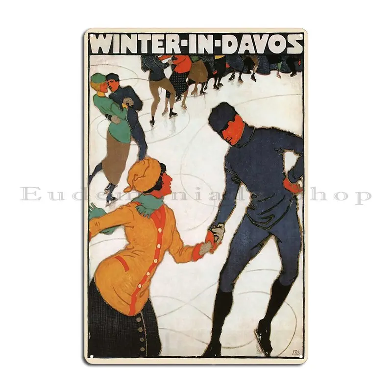 Winter In Davos Vintage Ice Skating Travel Poster Circa 1914 Metal Sign Plaques Wall Cave Kitchen Customize Tin Sign Poster