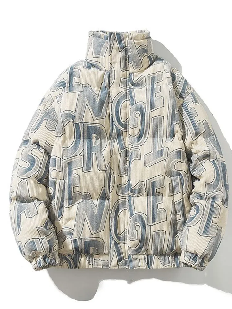 Autumn and Winter New Fashion Trend Printed Thickened Warm Cotton-Padded Jacket Men's Loose Sports Large Size High Quality Coat
