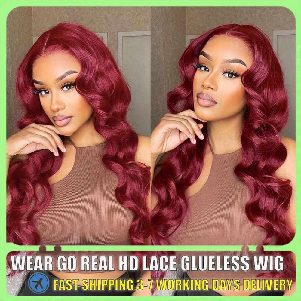 99j Burgundy Body Wave Lace Front Wigs Human Hair 13x6 13x4 HD Lace Wine Red Colored Wig 24 Inch 4x4 180% Density Glueless Wigs