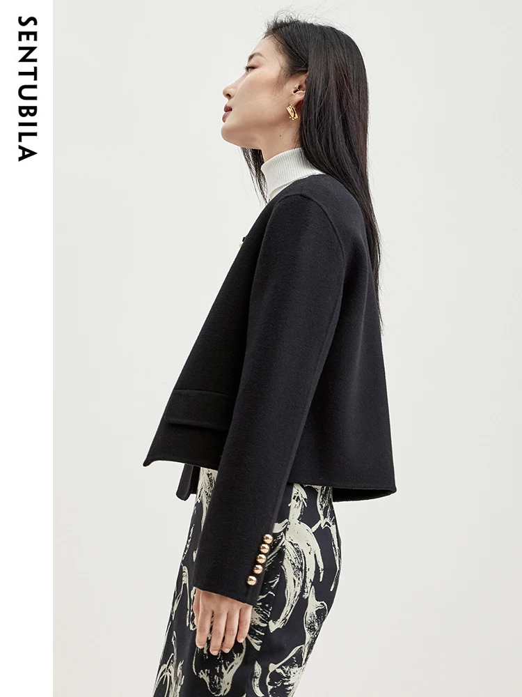 SENTUBILA Elegant Wool Cropped Jackets for Women Black Winter Coat 2025 Fashion O-neck Commute Female Short Outerwear W34O49734