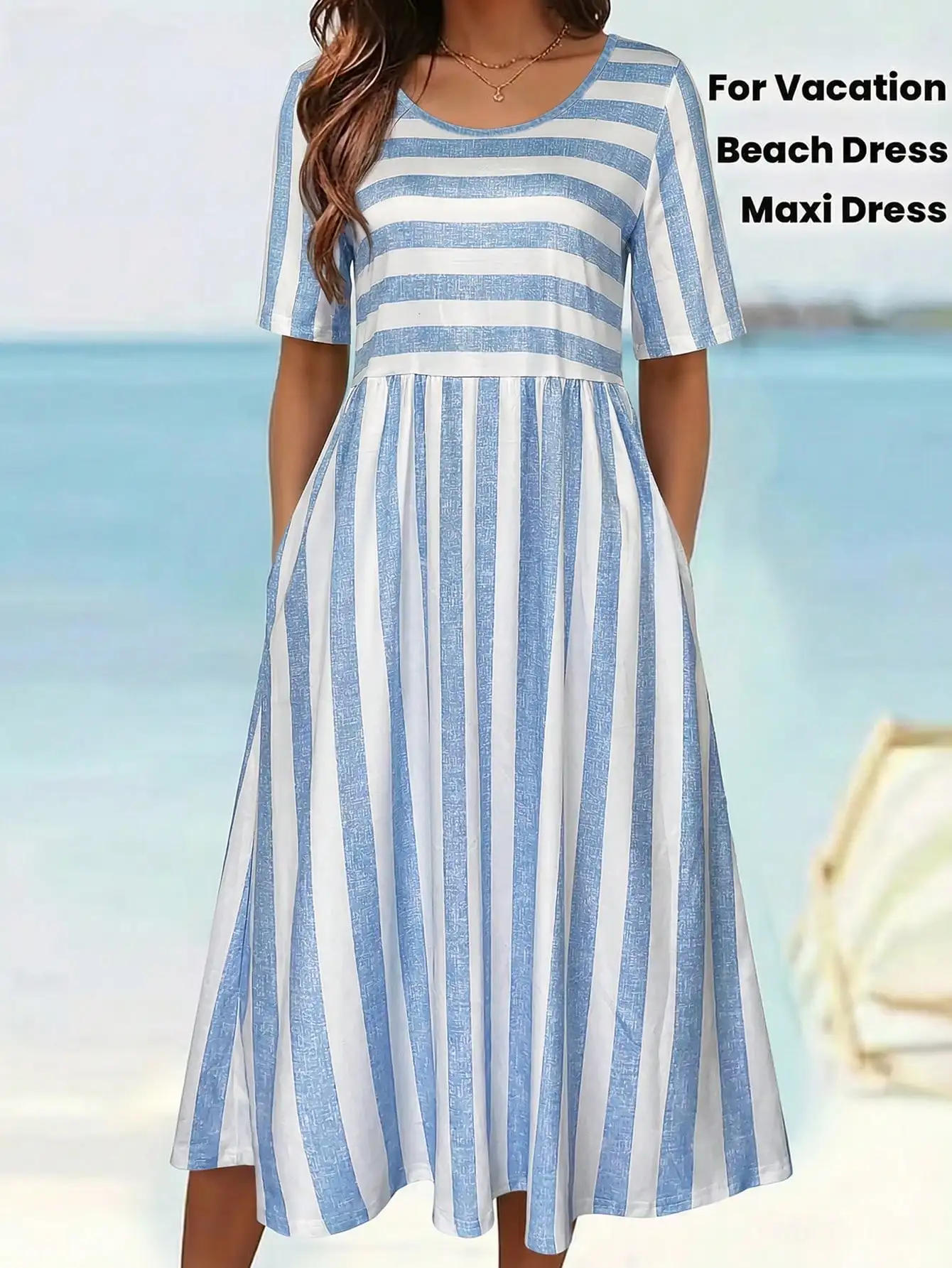 Women's Striped Print Round Neck Short Sleeve Midi Dress, Casual Loose A-Line Flowy Pocket Dress, Summer Beach Vacation Sundress