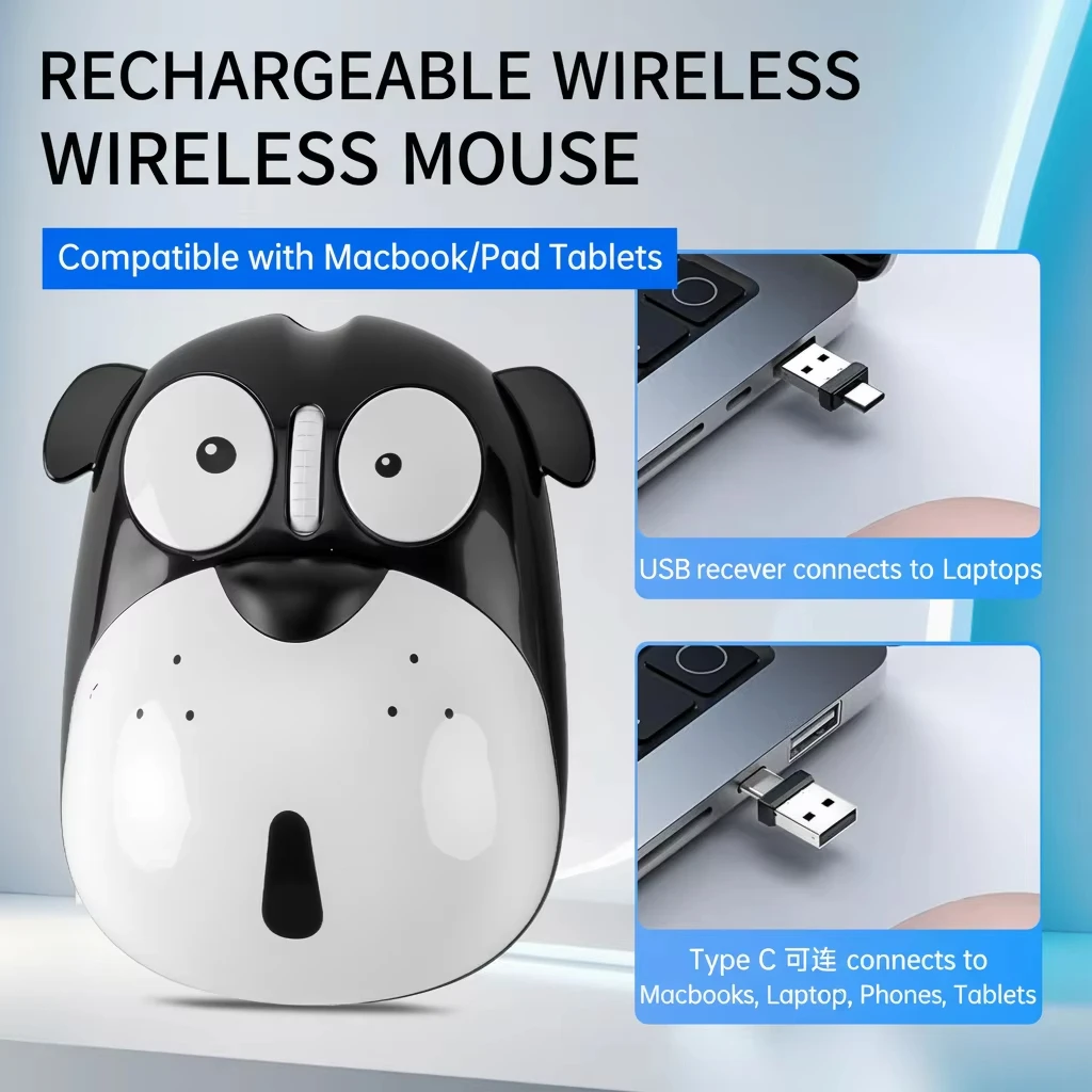 Wireless Cute Dog Rechargeable Mouse,2.4G USB/Type-C Dual Mode,1200DPI,Silent Button Mouse For Laptop Tablet Compute Office Use