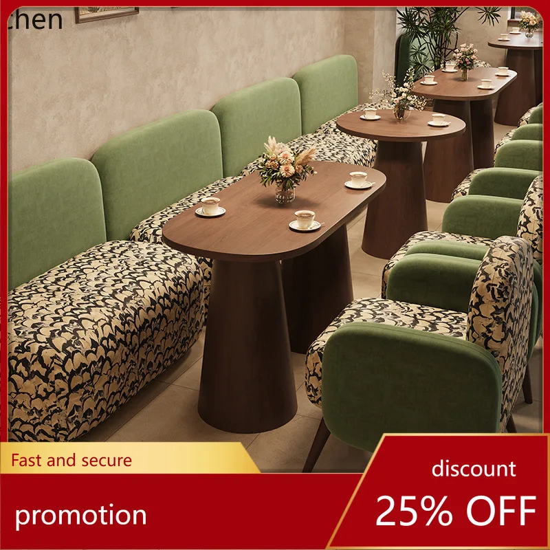 LXC Restaurant Solid Wood Table and Chair Set Vintage Cafe Dessert Shop Tea House Meeting Leisure Sofa Chair