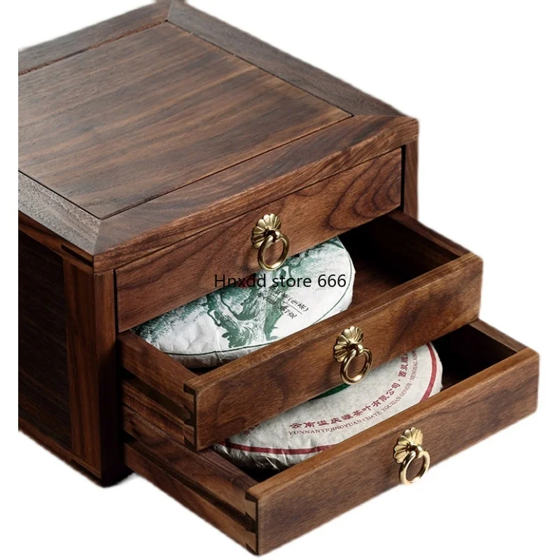 Black walnut solid wood Pu'er tea cake storage cabinet, bilateral Chinese tea storage box