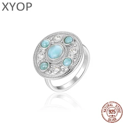 Natural Blue Larimar Round Gemstone Retro Ring 925 Sterling Silver Fine Jewelry Party Birthday Women's Gift