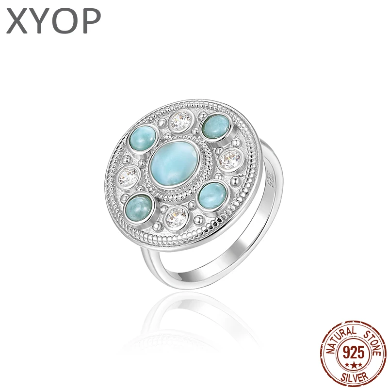 Naturalny niebieski Larimar okrągły klejnot pierścionek w stylu Retro 925 srebro Fine Jewelry Party urodziny kobiet prezent