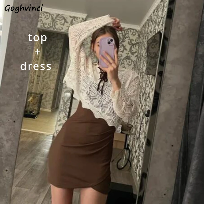 Dress Sets Hollow Out Chic Top Trendy Streetwear Mini Sleeveless Vestidos 2pcs Korean Fashion Sweet Spicy Girls Summer Popular