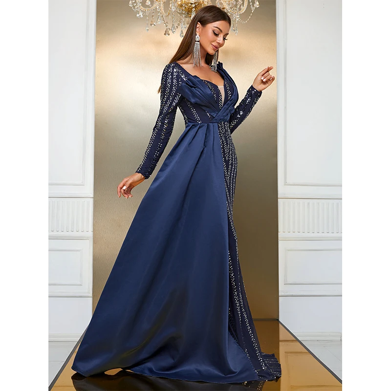 Elegant Ladies Clothing Long sleeve V Neck Blue Sequined Fashion Sexy Formal Occasion Evening Prom Cocktail Mermaid Maxi dress