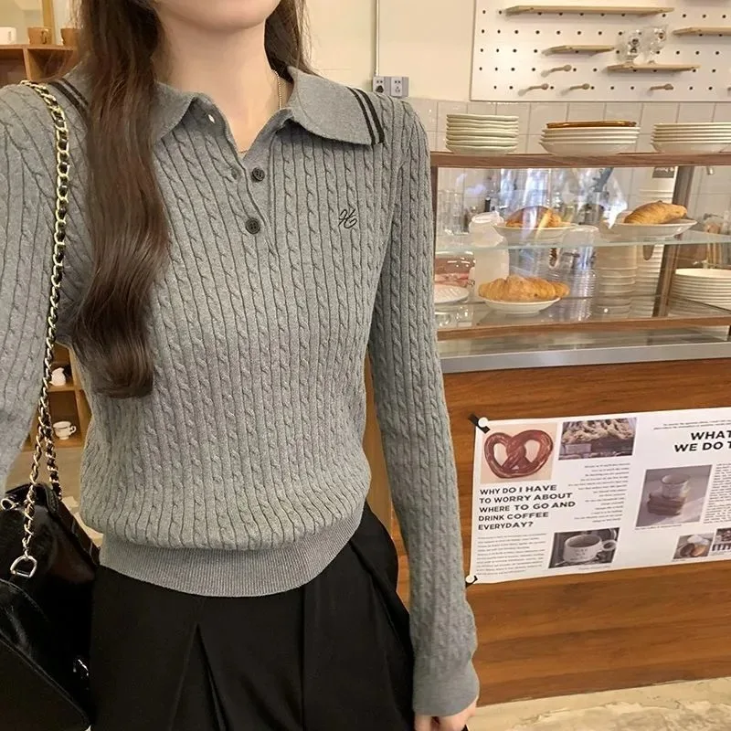 Women Cable Knit Polo Collar Sweater Embroidery Logo Slim Short Pullover Vintage Fall Winter Base Top