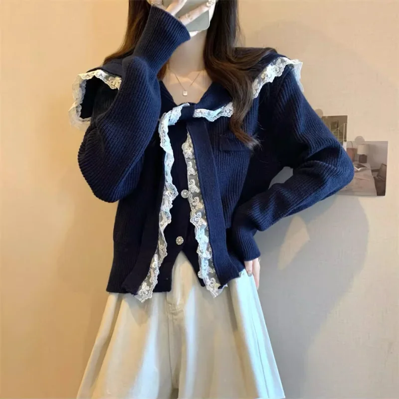 

Серый академический темно-синий свитер с длинными рукавами и воротником, женский весенний милый кружевной короткий топ
