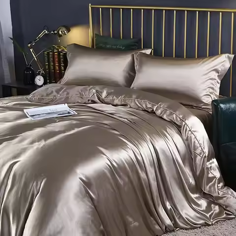 Silk Bedding Set with Duvet Cover Fitted/Flat Bed Sheet Pillowcase Luxury Satin Bedsheet Solid... product image