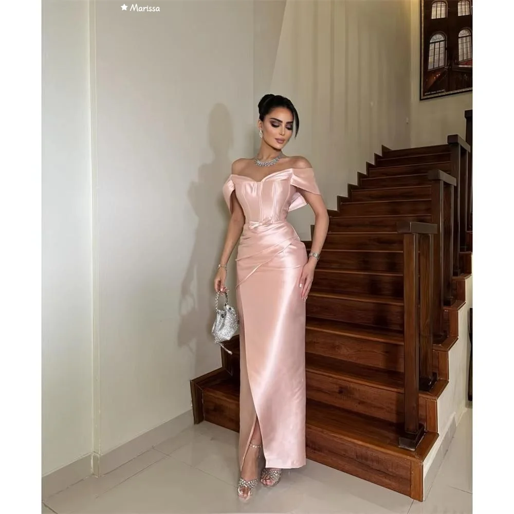 

Marissa Gloss Satin Evening Dresses D/party Customized Pink Cross Fish Tail Elegant Long Dress V-neck Short Sleeves Ball Gowns