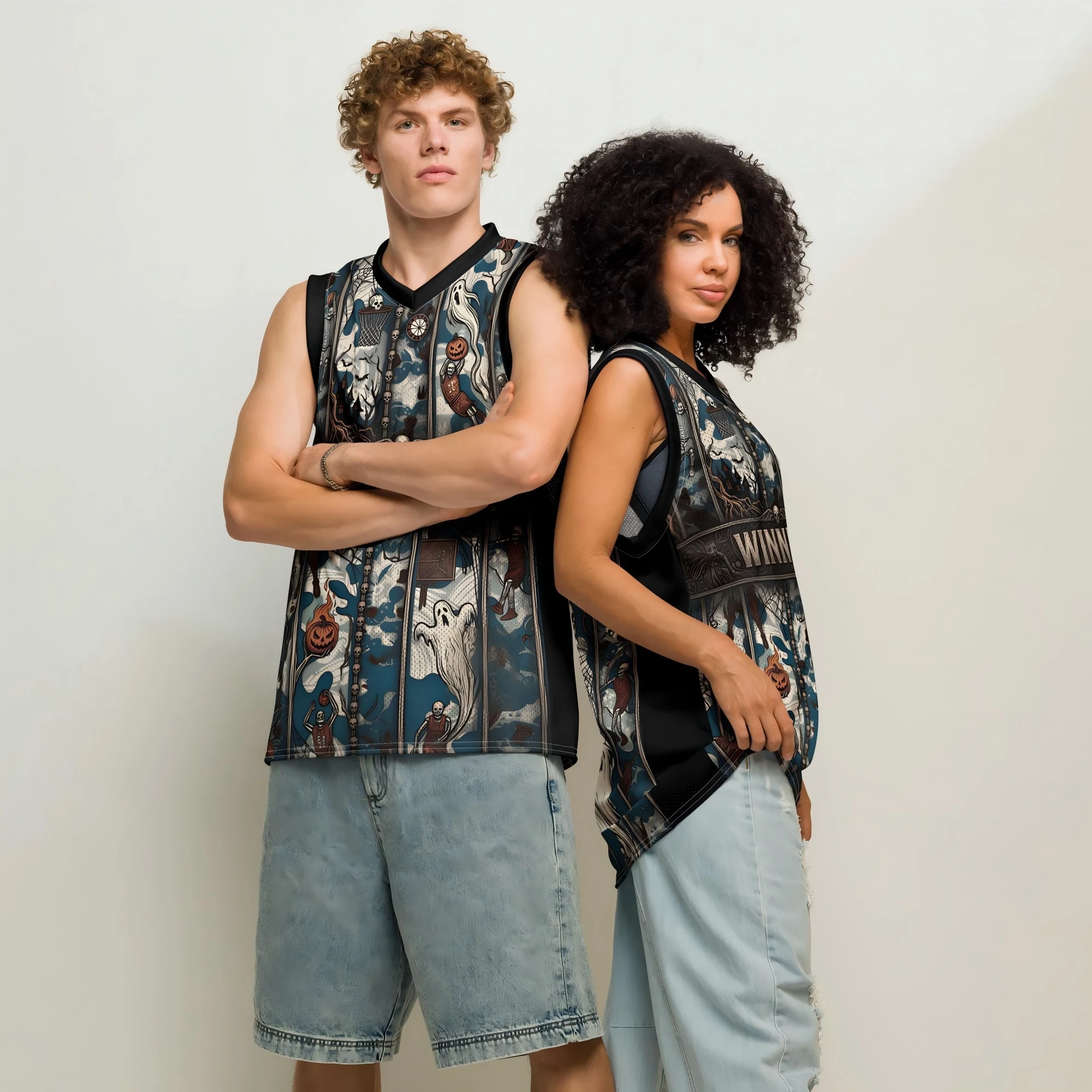 Unisex Halloween Skeleton Ghost Basketball Silhouette Effect 3D Print V‑Neck Sleeveless Jersey Tank Top Casual Streetwear Top 26