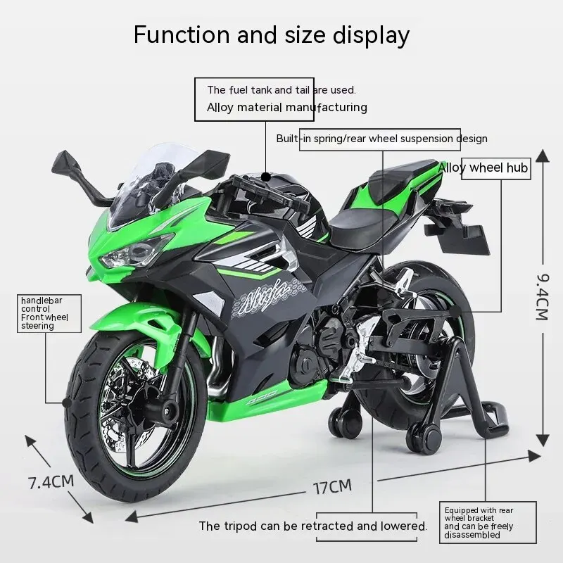 Модель литая под давлением мотоцикла Kawasaki в масштабе 1:12 со звуковыми эффектами и фотоэффектами, Аутентичные детали, забавная модель для детей и любителей мотоциклов