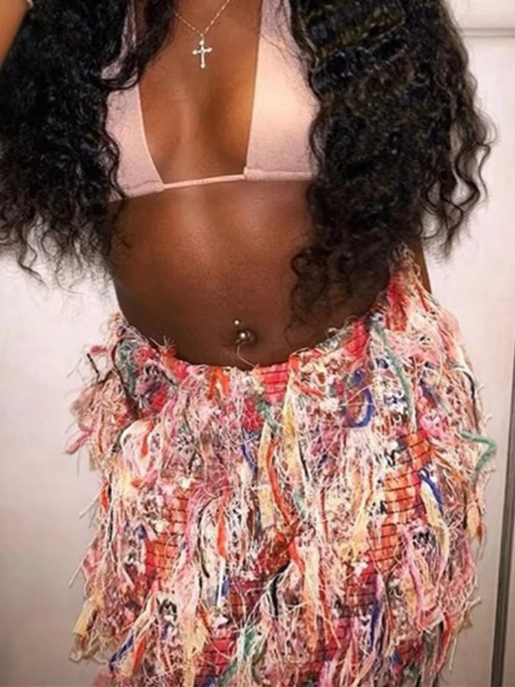 

Insglas Summer Fashion Ruched Tassel Skirts Women Thin Knit Wild Sexy 2025 Trend Stretch Skinny Peach Hip Streetwear Bottoms