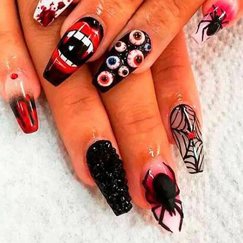 

3D fake nails accessories for halloween blood eyes mouth spider webs with rhinestones faux ongles press on acrylic false nail