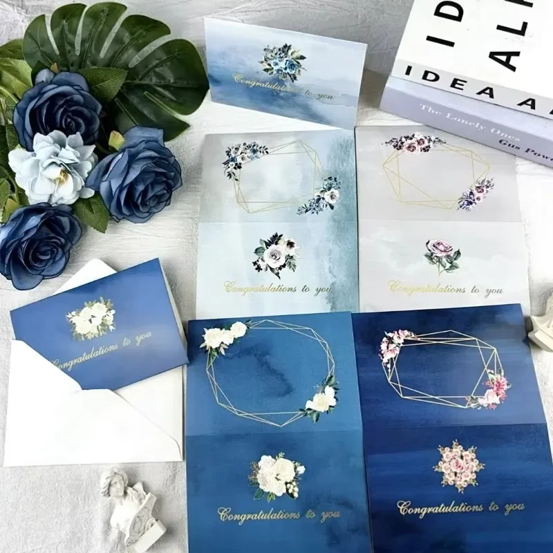 Blue Series Greeting Card Creative Simple and Elegant Flower Festival Congratulation Card Set Holiday Gift Decorative Card