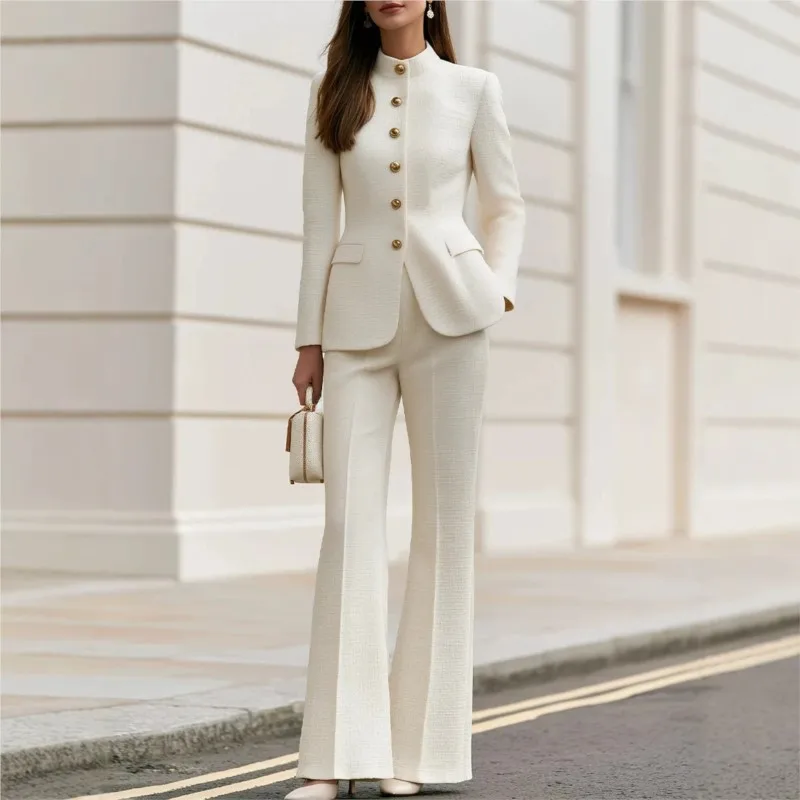 Women Autumn Winter New Small Fragrant Style Suit Set  Stand Up Collar Golden Button Slim Fit Micro Pull Up Pants Two Piece Sets