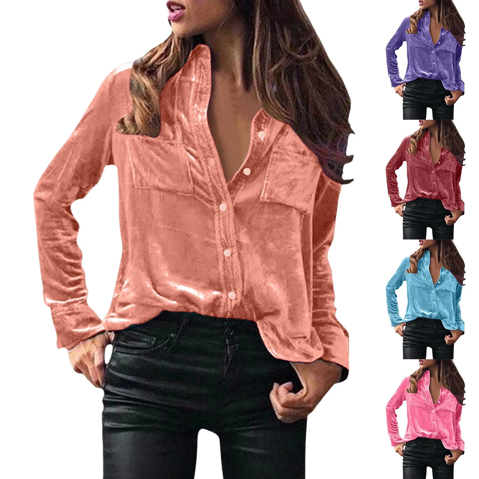 Fashion Velvet Blouses Long Sleeve Pocket Solid Tops For Women Dressy Casual Ladies Elegant Shirts Blusas Holiday Work Wear