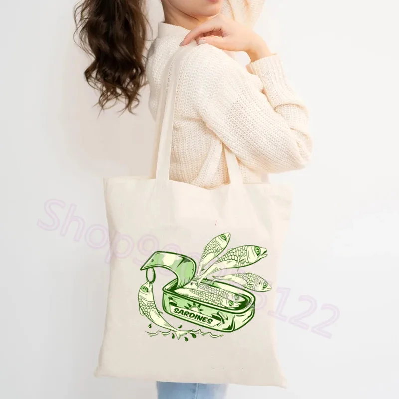 Tin of Sardines Print Canvas Tote Bags Harajuku Reusable Women Shoulder Handbag Large Capacity Shopping Bag Causal Girl Handbags