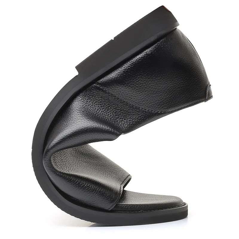 100% Genuine Leather Shoes Men Sandals Soft Cow Leather Mens Sandals Flat Non-slip Summer Holiday Shoes Black Slip-on KA4389