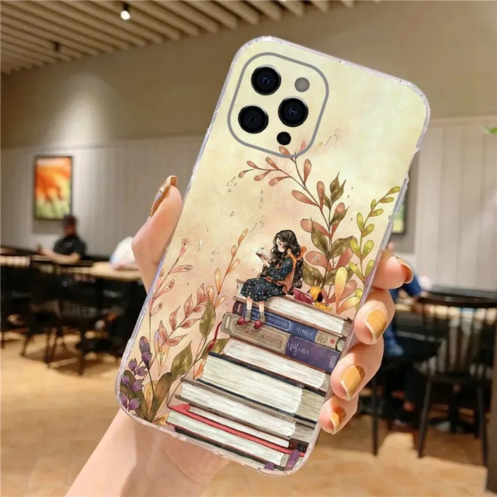 Capa de telefone para meninas, estante de leitura para iphone 15,14,13,12,11 plus, pro, max, xr,xs, x,7,8 plus, se, mini capa macia transparente