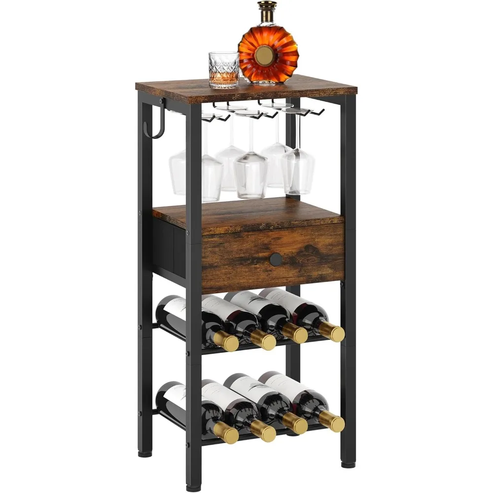 

Freestanding 2-Tier Wine Rack Table with Drawer and Hooks, 8-Bottle Storage Floor Wine Rack with Tabletop