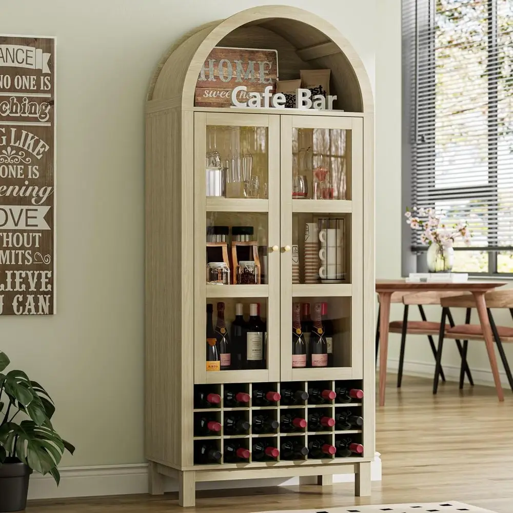 

Light Oak 70 Tall Arched Door Whiskey Station with Wine Rack & Glass Holder for Home Bar