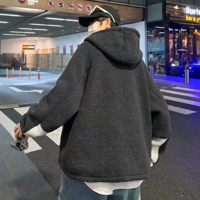 سترة رجالية من القطن مبطنة بفرو الحمل، سميكة وفضفاضة، أنيقة للخريف والشتاء، بأسلوب شبابي عصري، يمكن ارتداؤها على الوجهين