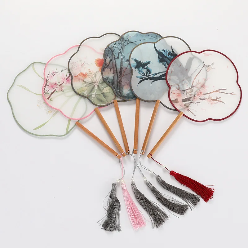 Vintage Hand Held Fans Retro Flower Fan Translucent Long Handle Chinese Style Dance Fans Party Favors Wedding Gift