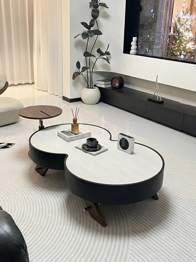 Gourd Shape Travertine Sintered Stone Coffee Table Mid Century Modern Solid Wood Vintage Luxury Living Room Furniture