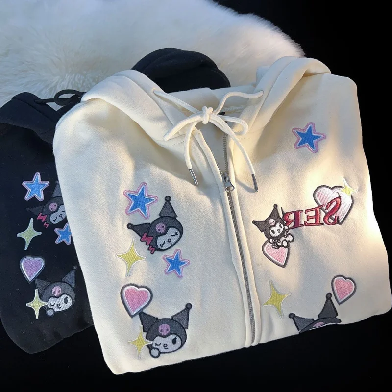 Japanese Preppy Style Sanrio Spring Autumn New Cartoon Kuromi Love Hooded Sweatshirt Women Oversize Loose Zipper Cardigan Coats