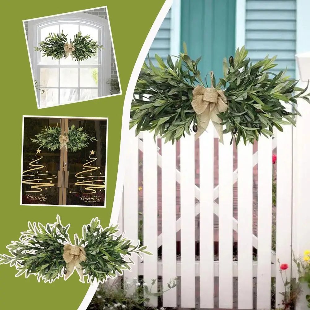 Guirnaldas de coronas de olivo artificiales para puerta delantera con hojas de olivo, corona verde para todas las estaciones, adornos de guirnalda navideña de primavera