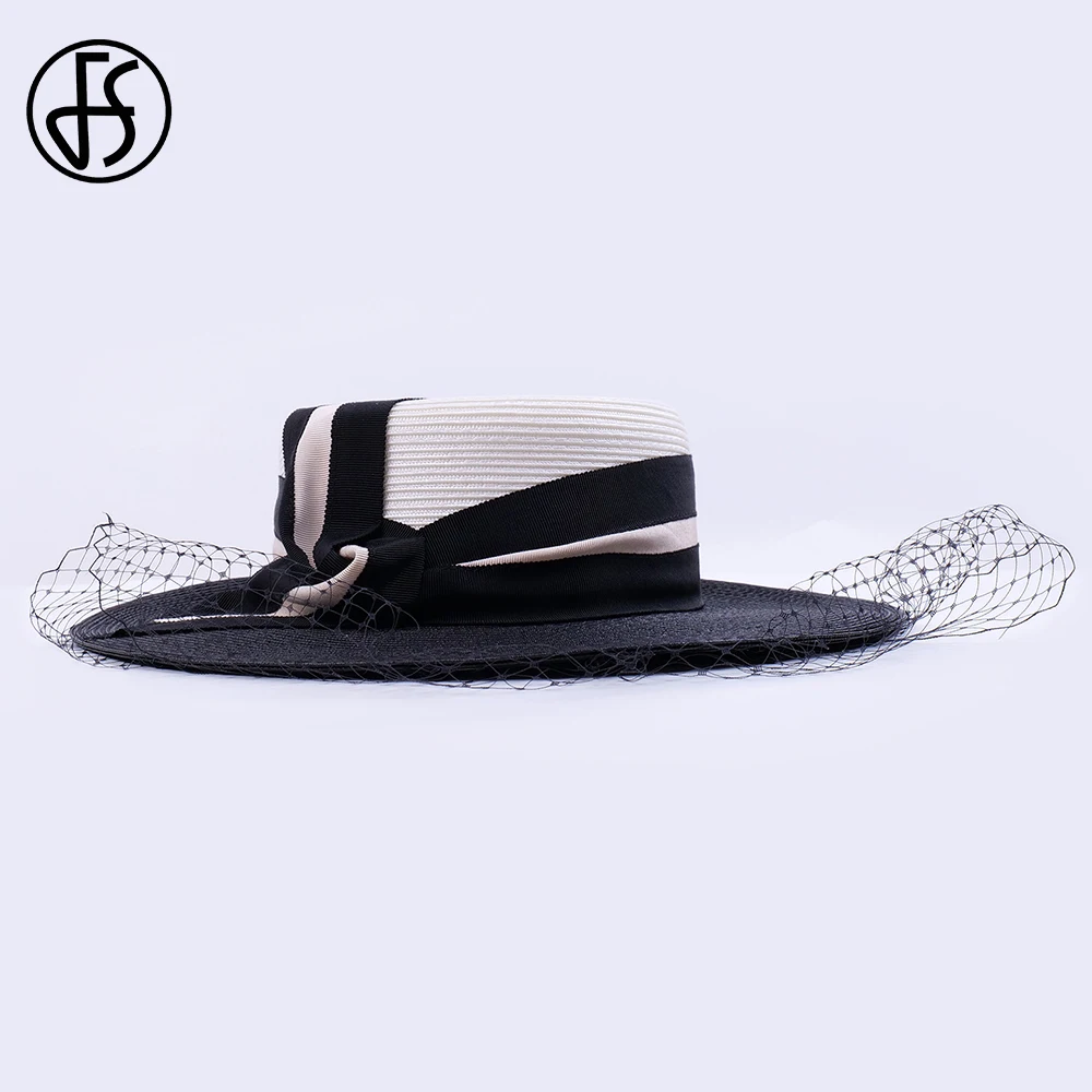 FS Formal Occasion Hats For Women With Veil Elegant Church Sun Visor Cap Ladies Black White Patchwork Fedoras Luxury Female 2024