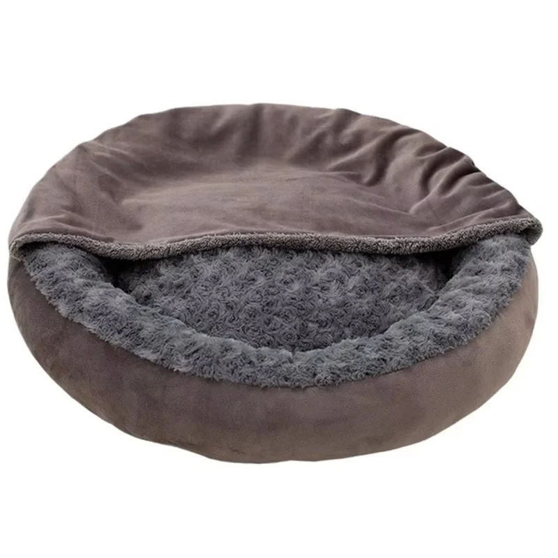 Cama para gatos con manta con capucha, cama para perros pequeños, estilo Donut redondo, diseño cálido y acanalado para calmar al aire libre, suministros para mascotas de animales de invierno