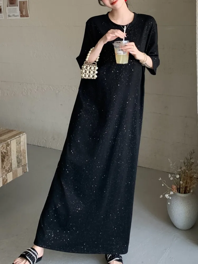 Vestido negro largo suelto con camiseta para mujer, vestido de verano de gran tamaño para mujer, vestido coreano elegante Viatage, Vestidos para mujer