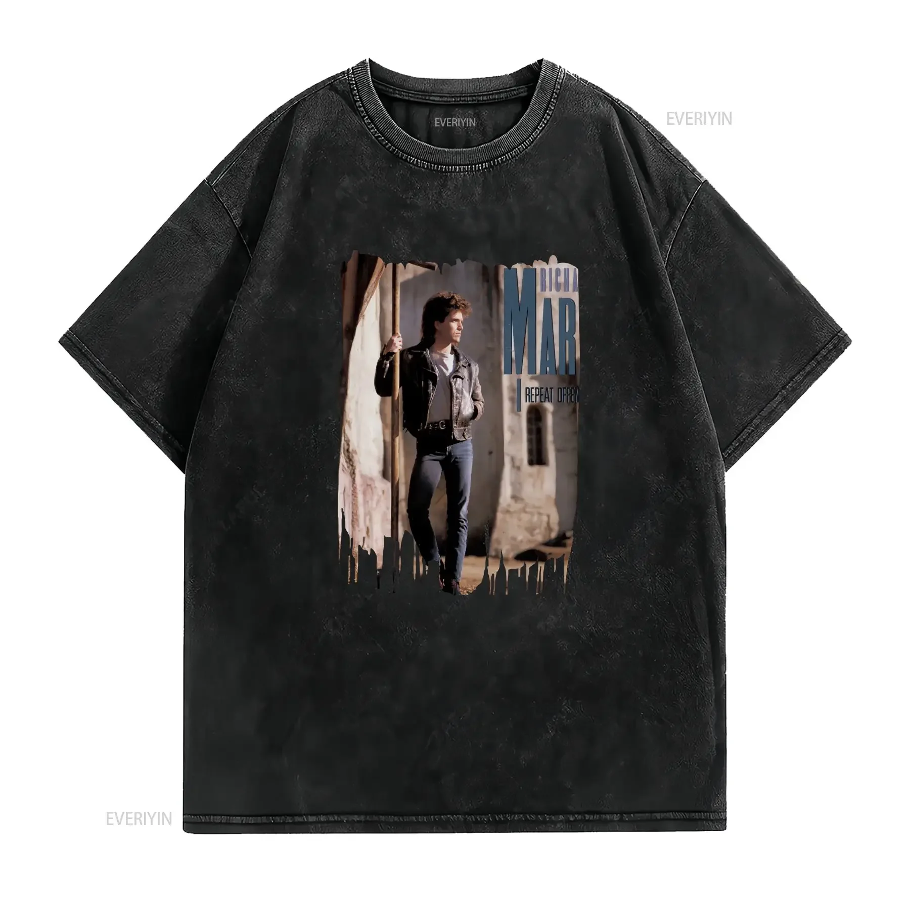 Richard Marx Mens  T Shirt Outdoor Cotton Round Neck Black vintage Washed Comfortable streetwear Soft fashion