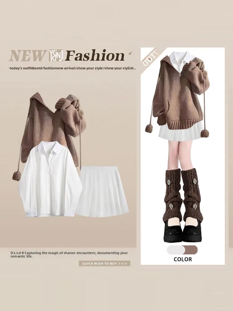 

Корейский модный вязаный комплект для колледжа: свитер и юбка для женщин, зимний комплект из двух предметов, шикарный наряд, юбка с высокой талией