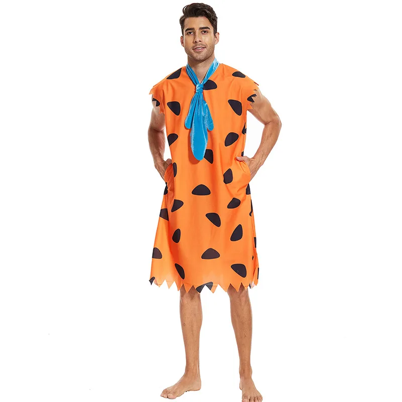 147.Cosplay Anime Flintstones Costumes, Primitive Savages Costume, Orange Colthing, Carnaval Party, Halloween, Adulte, Enfant