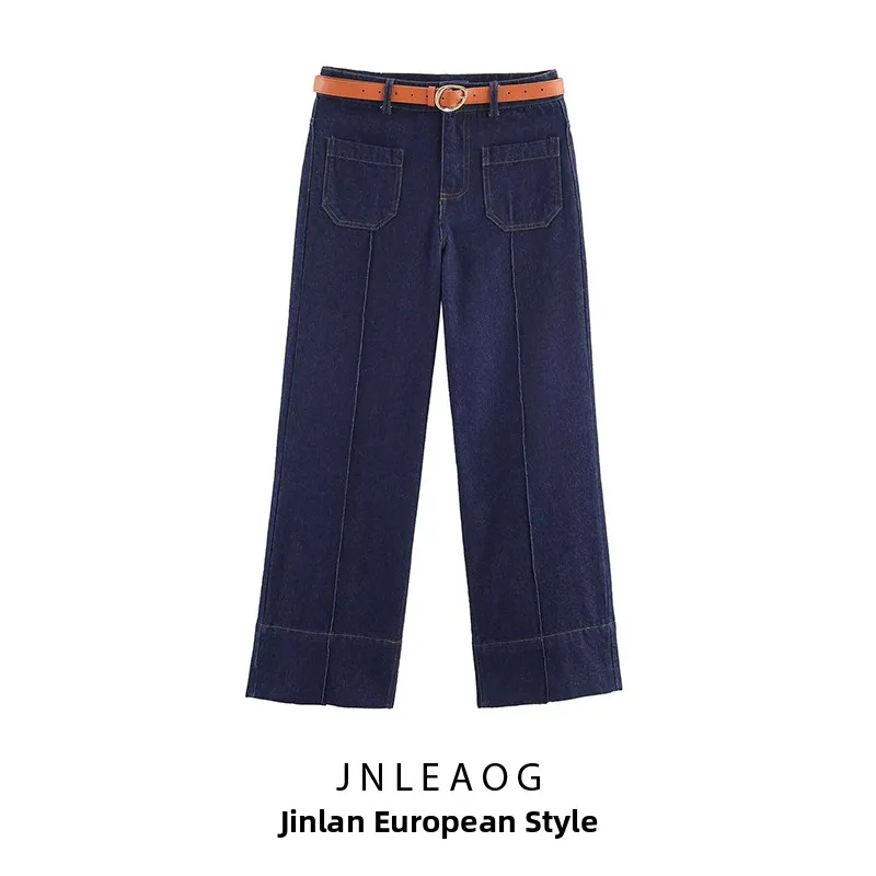 

High Waist Wide Leg Denim Jeans Belted Autumn New Style Women's Fashion Design French Style Loose Fit Polyester Fabric