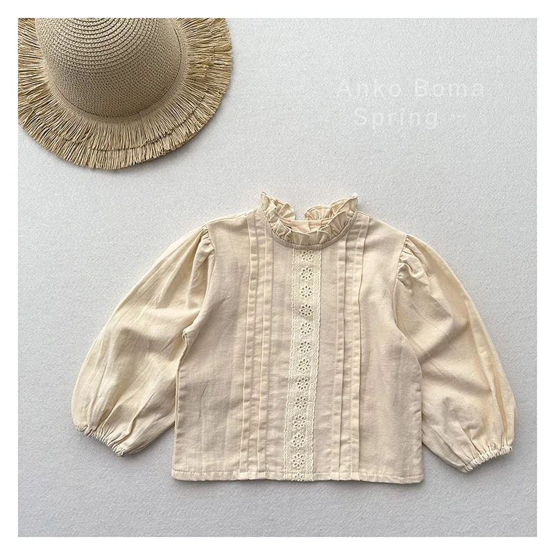 Korean Spring and Autumn Baby Girl Mori Cotton Lace Top Girls Retro Fungus Stand-up Collar Long-sleeved Shirt