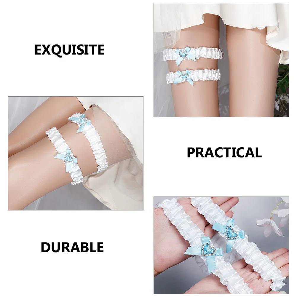 

2Pcs Elegant Lace Garter Set with Rhinestone Heart Bow Bridal Wedding Accessories High Elastic Skin Friendly for Bride Keepsake