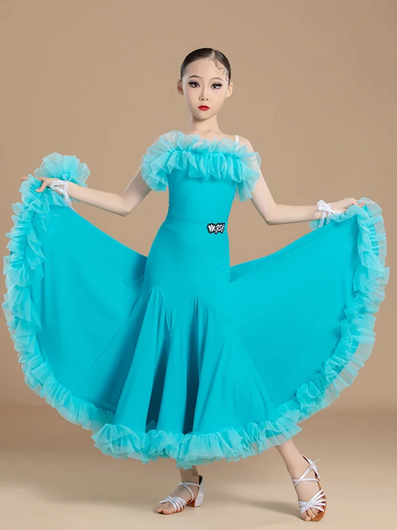 

Kids Girls Spaghetti Strap Mesh Bodysuit and Long Swing Skirts Practice Sets Childrens Ballroom Professional Dance Costumes
