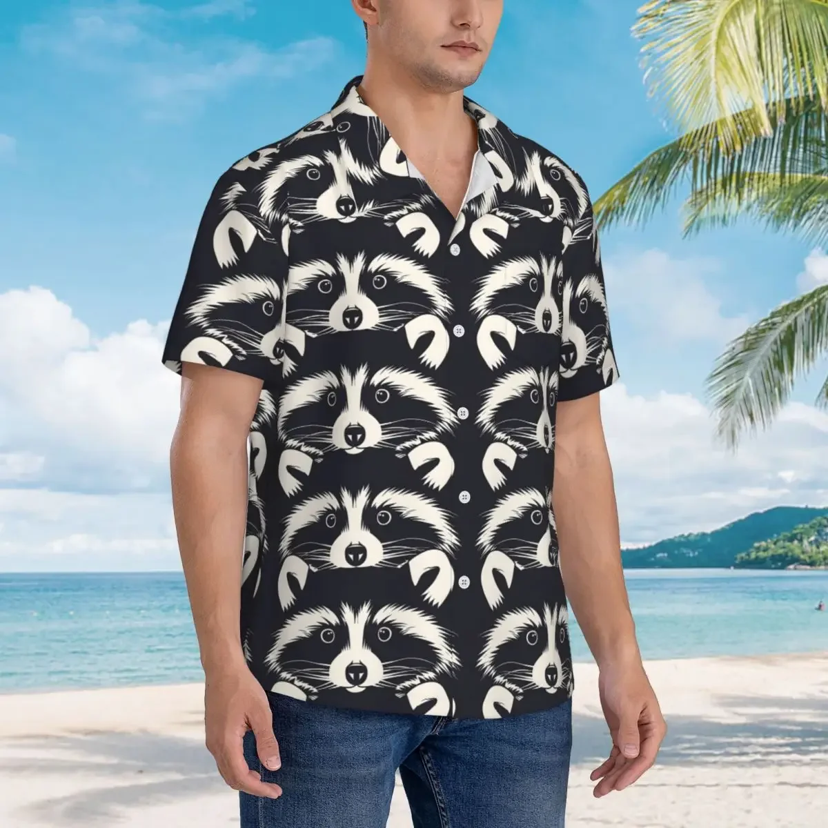 Black And White Raccoon Face Pattern Hawaiian Shirts Casual Men Short Sleeve Shirt for Summer Beach Men's Button Tops