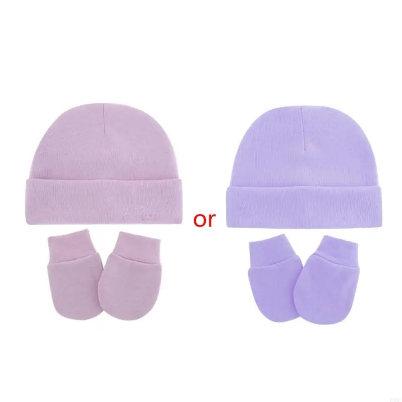 

D5QF Baby Solid Color Soft Cotton Comfy No Scratch Mittens Turban Beanie