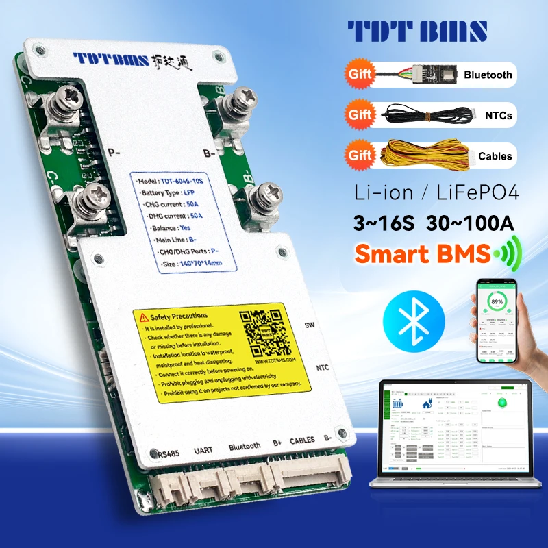 

TDT Smart BMS 3s 4s 12v 7s 8s 24v 10s 36v 30a 40a 50a 60a 80a 100a lifepo4 Liion With BT 4 NTCs Balance