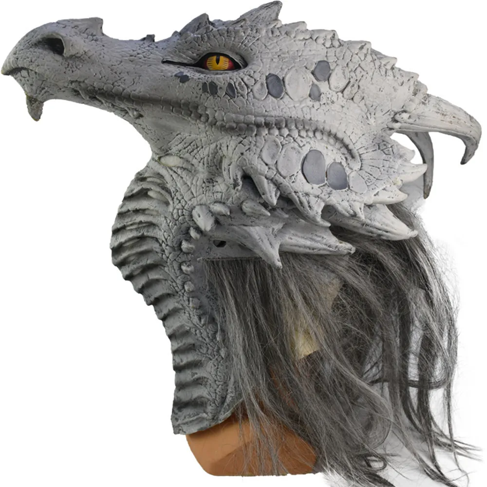 Full Head Dragon Mask with Hair Latex Animal Head Mask Creepy prank Mask Costume for Halloween Party Cosplay