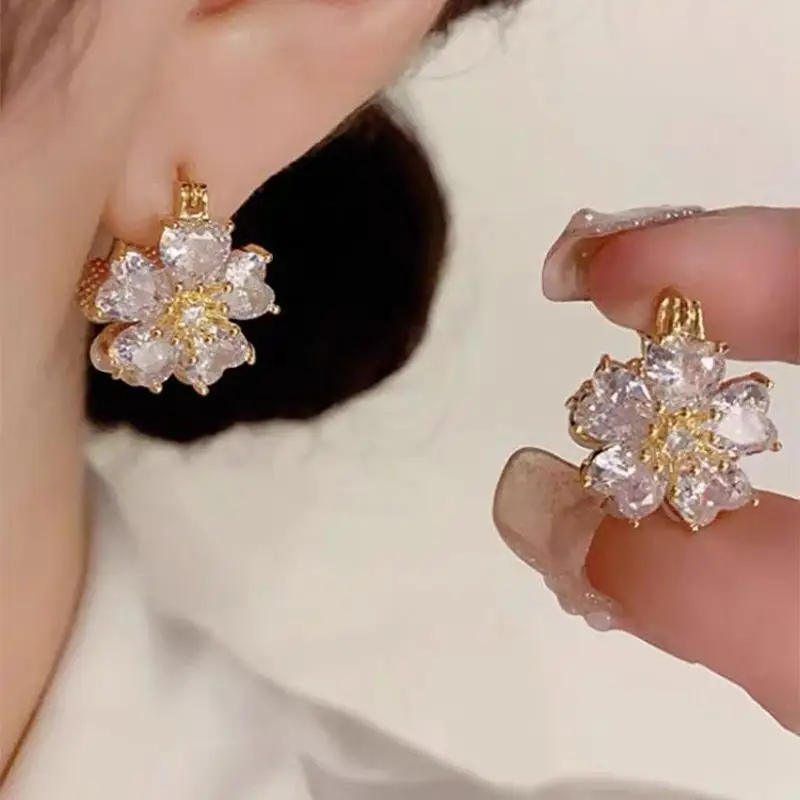 Gorgeous Gold-Plated Copper Silver Needle Hypoallergenic Zircon Double-Sided Flower Earrings for Women Girls Wholesale