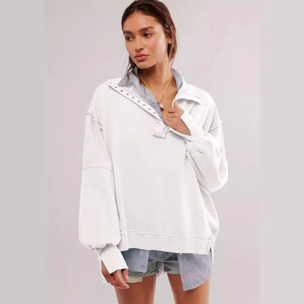 2025 라펠 솔리드 컬러 버튼 오버사이즈 루즈핏 긴팔 가을 겨울 다용도 풀오버 스웨트셔츠 탑스 데 탈라 그란데